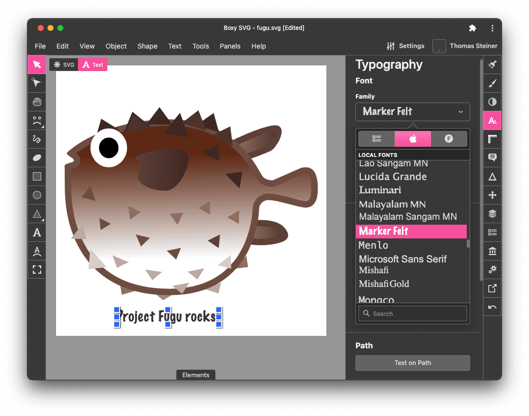 برنامه Boxy SVG در حال ویرایش نماد Project Fugu SVG با افزودن متن "Project Fugu rocks" در فونت Marker Felt، که در انتخابگر فونت نشان داده شده است.