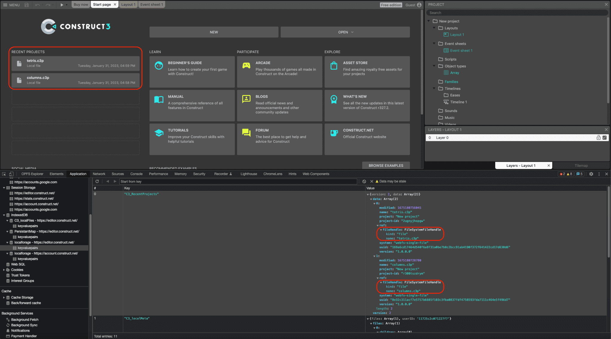 The Construct 3 start page with two recent projects, tetris.c3p and columns.c3p. On the bottom DevTools showing the corresponding two FileSystemFileHandle objects serialized to IndexedDB.