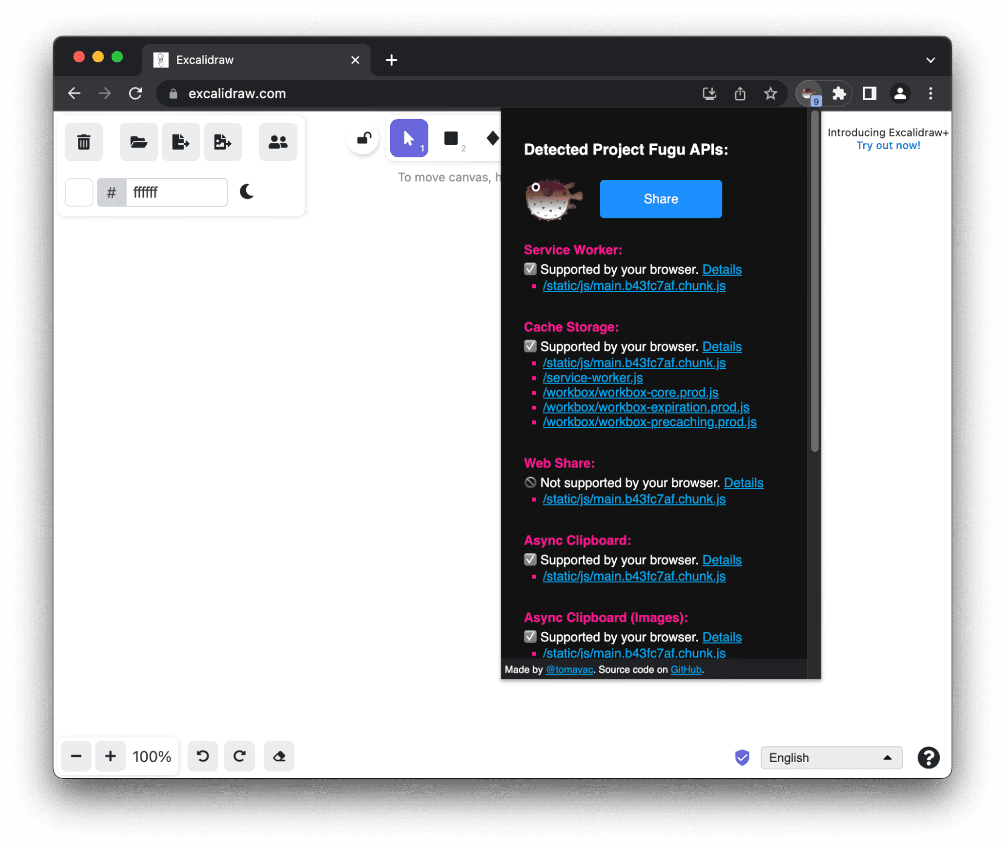 มีการเรียกใช้ส่วนขยาย &quot;How Fugu is the Web&quot; ในเว็บไซต์ https://excalidraw.com/