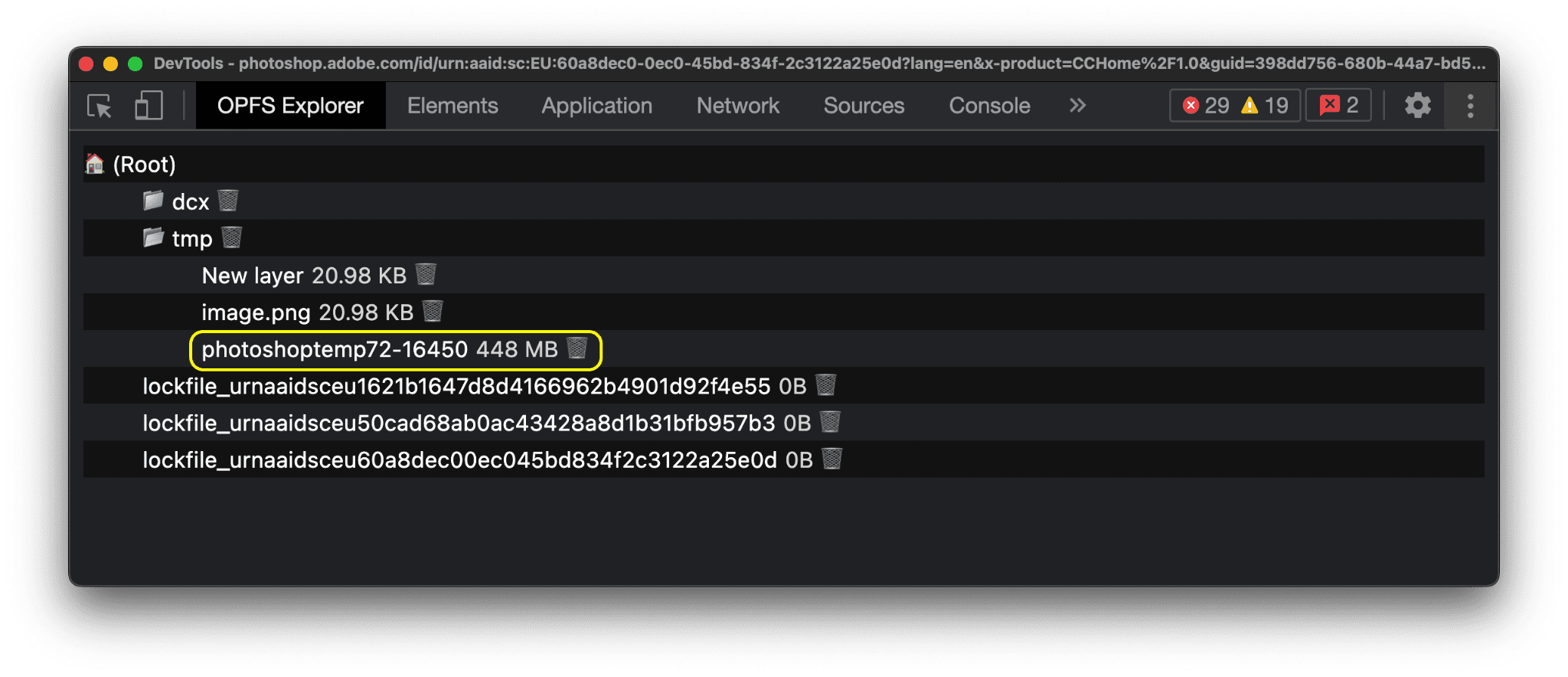 OPFS Explorer Chrome uzantısıyla Photoshop&#39;un kaynak özel dosya sistemi dosya hiyerarşisini inceleme.