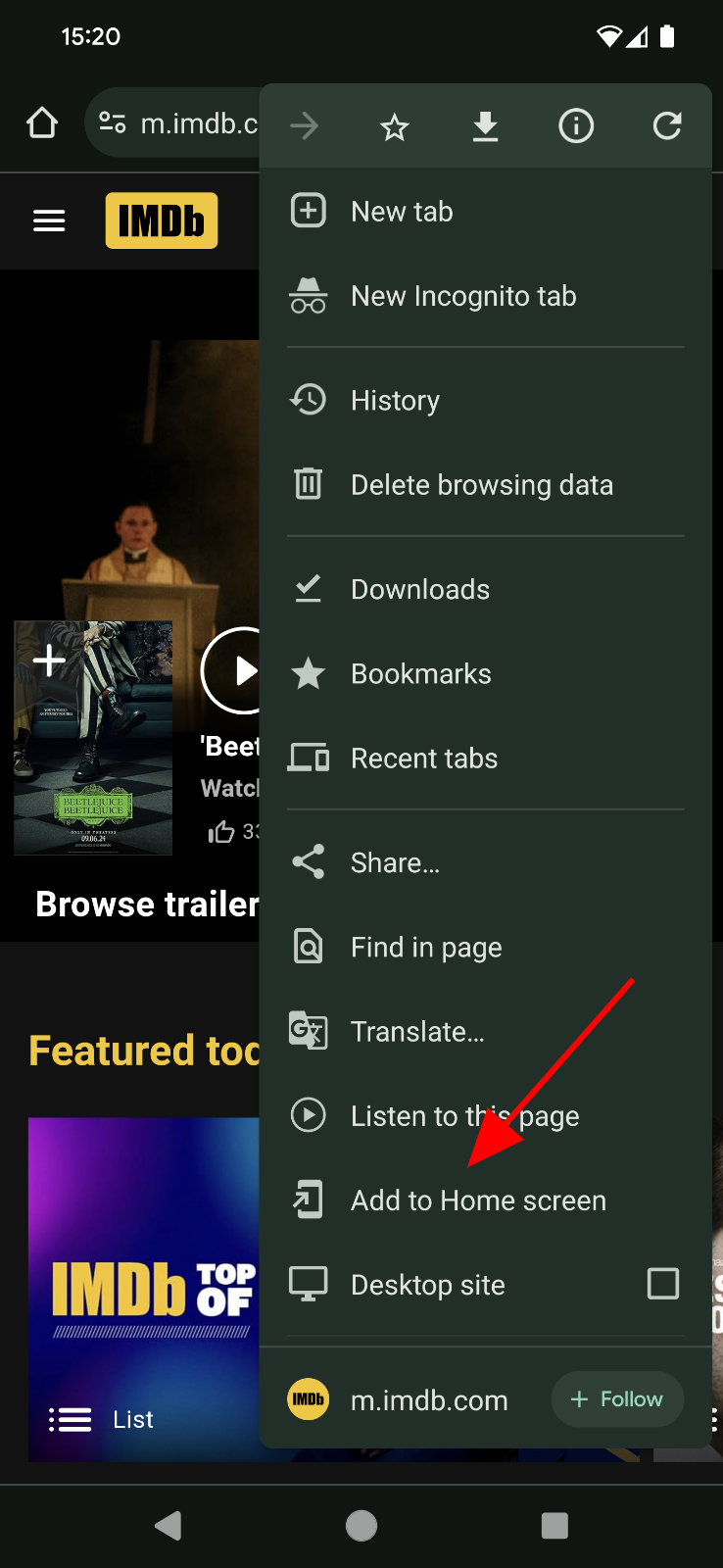 Chrome 모바일의 홈 화면에 추가 메뉴 항목이 있는 IMDB 웹사이트