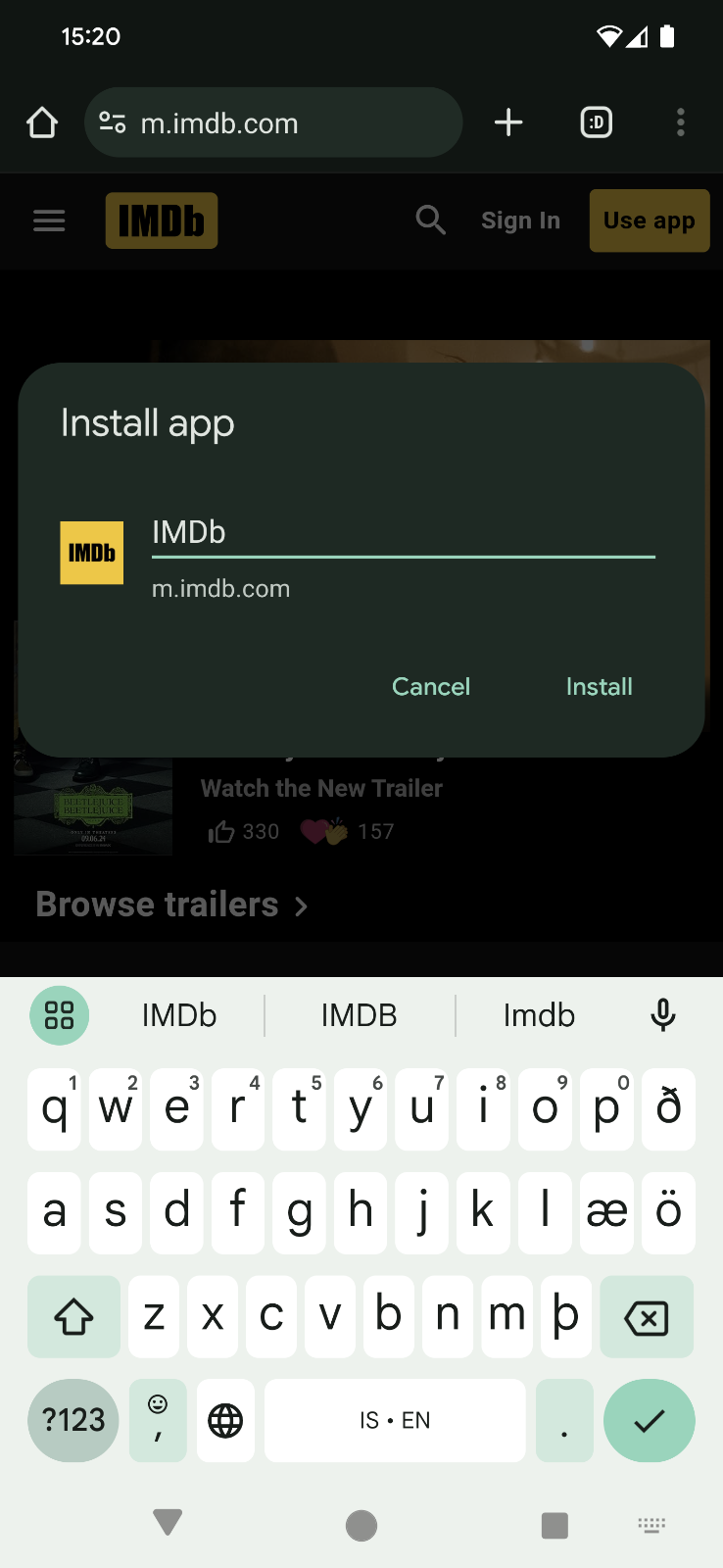 ইনস্টল অ্যাপ ডায়ালগ সহ IMDB ওয়েবসাইট।