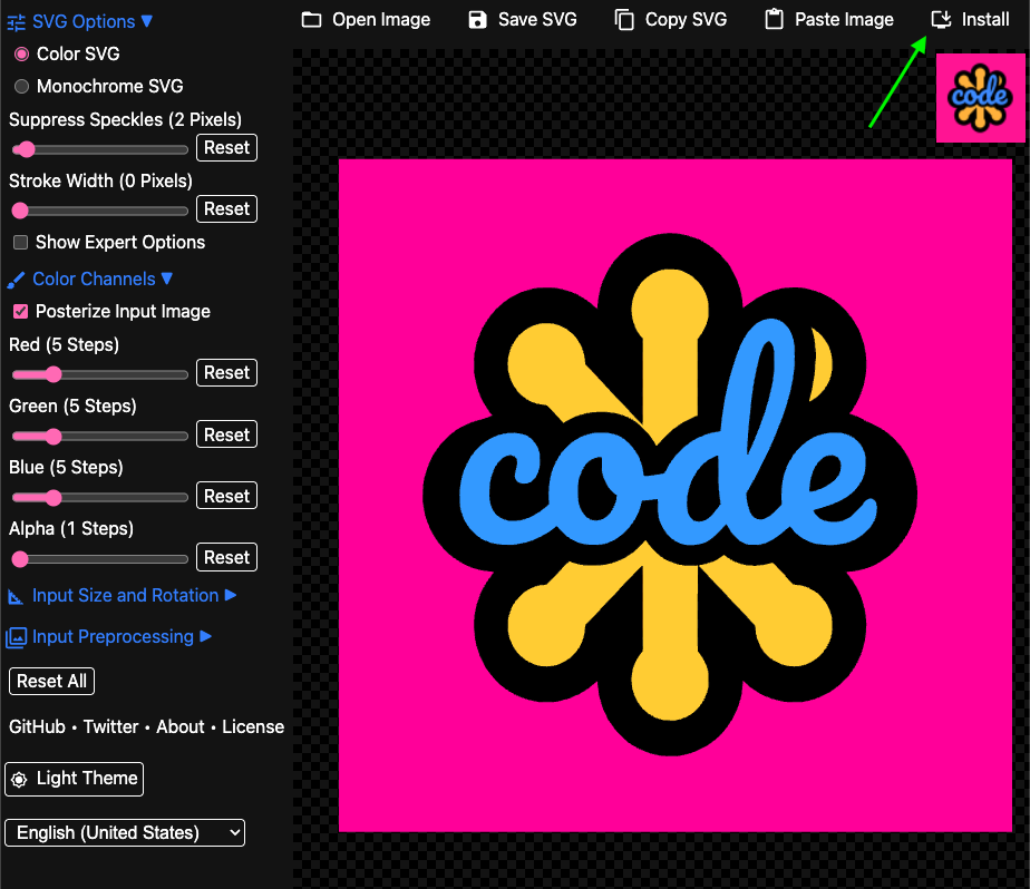 SVGcode アプリとそのインストール ボタン。