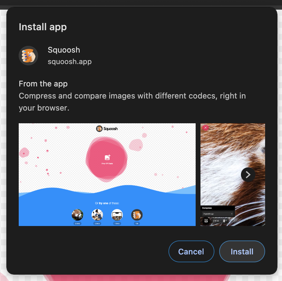 Mensaje de instalación de la app de Squoosh con capturas de pantalla.