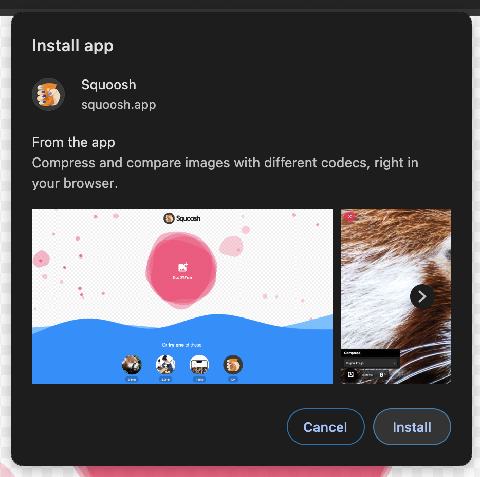 Aviso de instalación de la app de Squoosh con capturas de pantalla.
