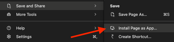 Install page as app menu item on Chrome for desktop.