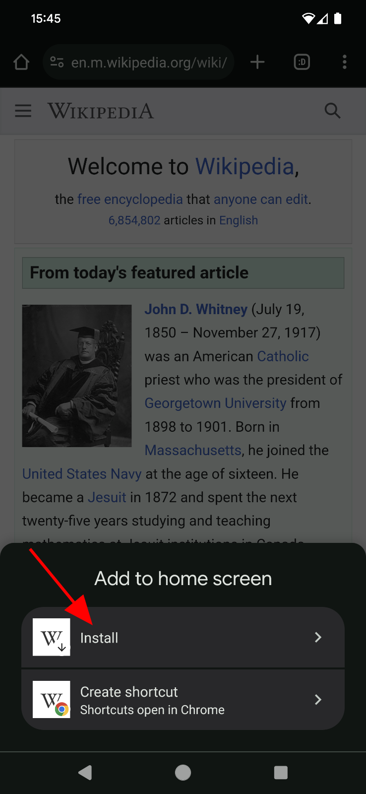 Add to home screen prompt on the Wikipedia website.