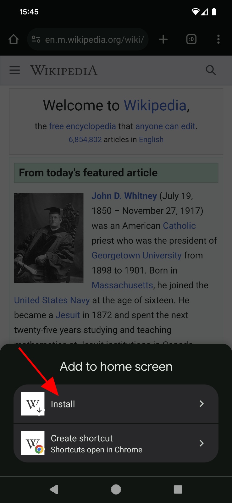 Lời nhắc Thêm vào màn hình chính trên trang web Wikipedia.