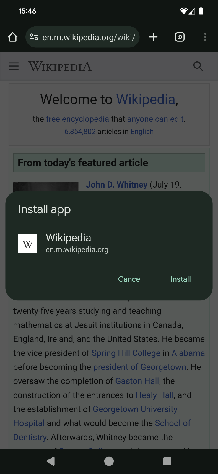 Wikipedia サイトのアプリのインストール ダイアログ。