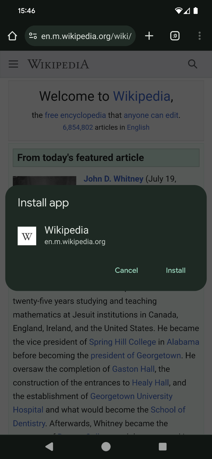 Wikipedia のサイトの [アプリをインストール] ダイアログ。