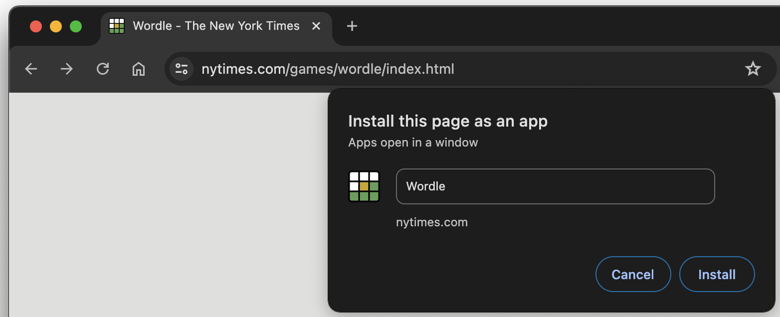 パソコン版 Chrome の [このページをアプリとしてインストール] ダイアログ。