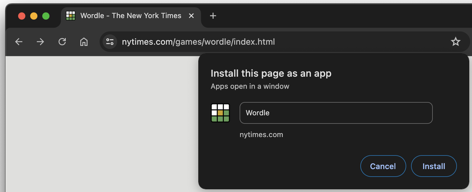 डेस्कटॉप के लिए Chrome पर, ऐप्लिकेशन डायलॉग के तौर पर इस पेज को इंस्टॉल करें.