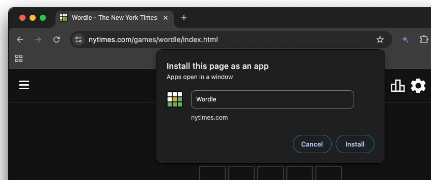 Wordle-website met installeer deze pagina als app-dialoogvenster.