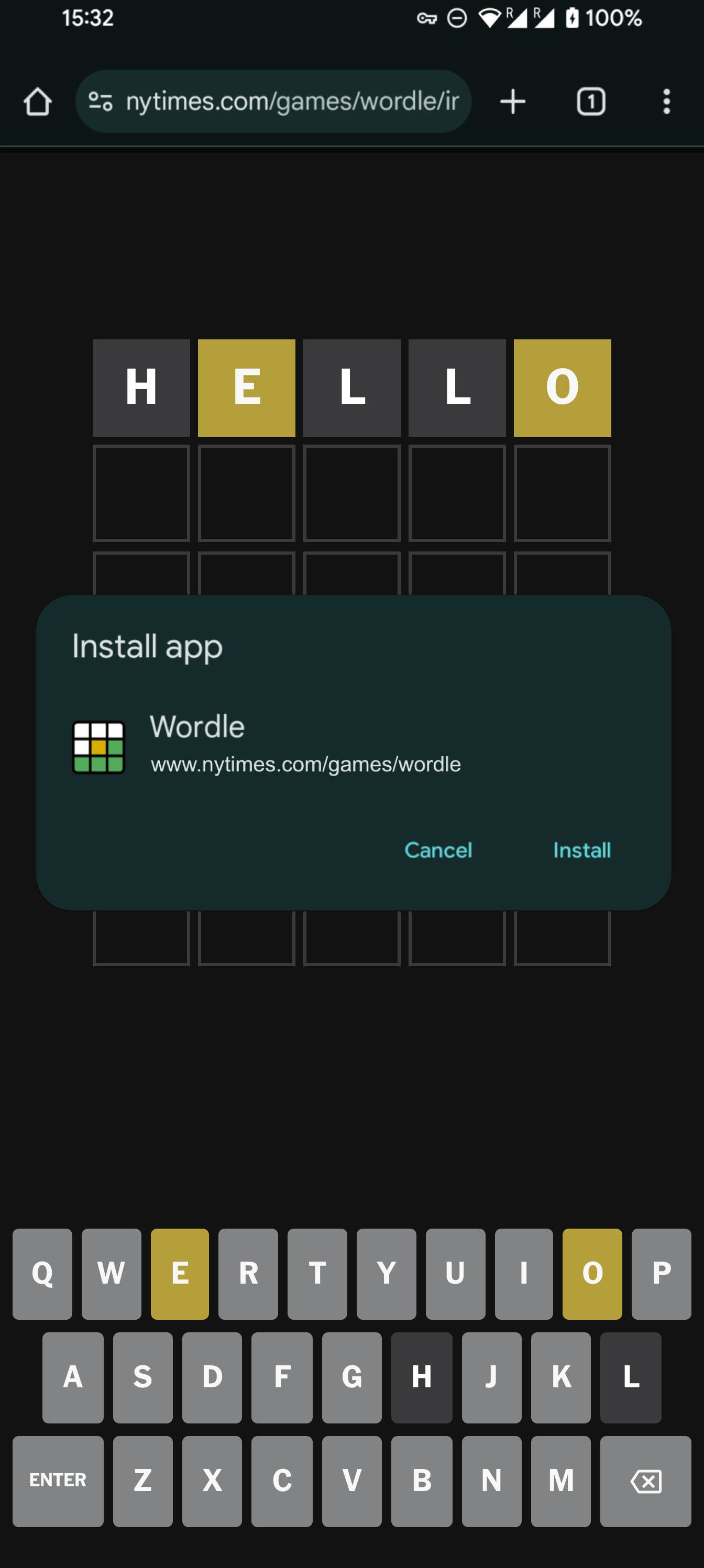 Situs Wordle dengan dialog instal halaman ini sebagai aplikasi.