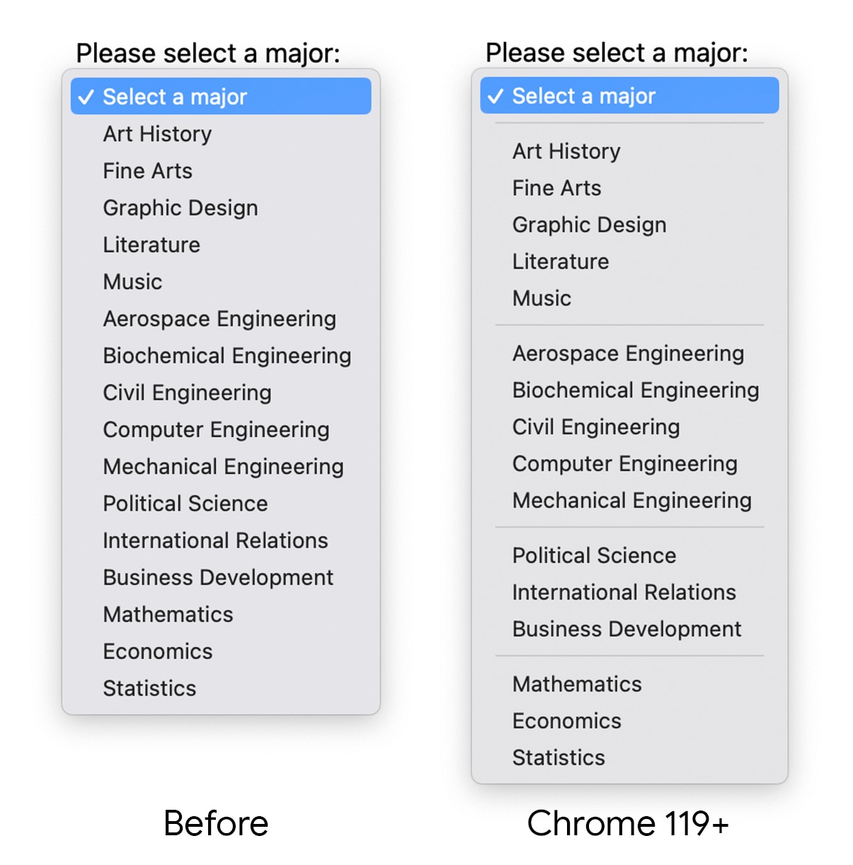 選択に [hr] が含まれている前後のスクリーンショット。後の写真では、グループ間に区切り線が引かれています。