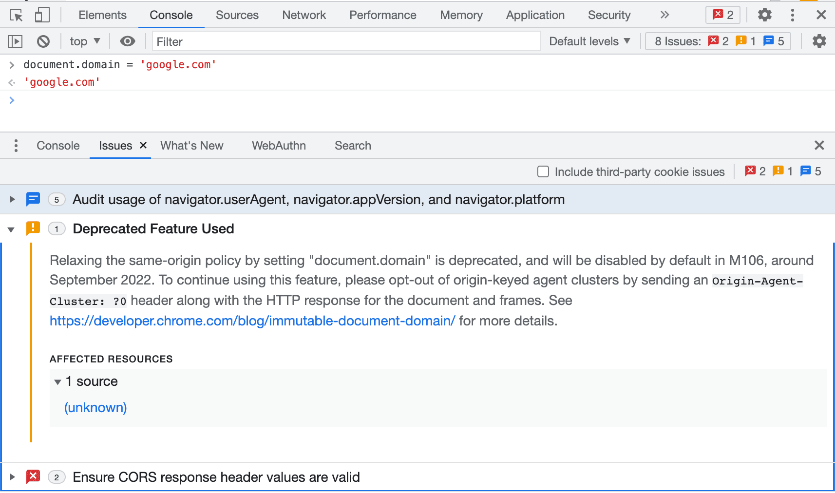 document.domain में बदलाव करने पर, समस्याओं वाले पैनल में एक चेतावनी दिखती है.