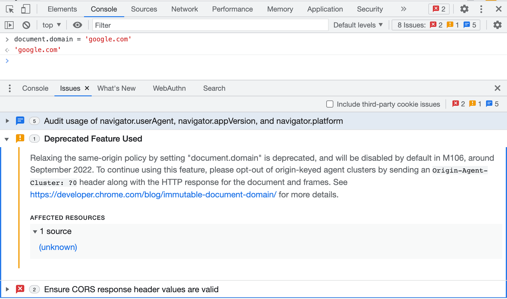 Quando document.domain é modificado, um aviso é mostrado no painel
&quot;Issues&quot;.