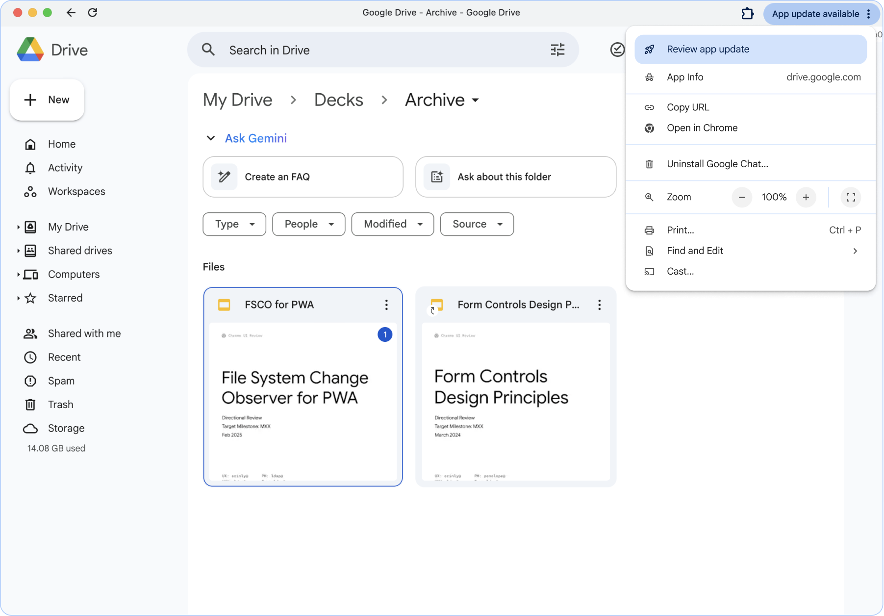 القائمة التي تعرض الخيار "مراجعة تحديث التطبيق"