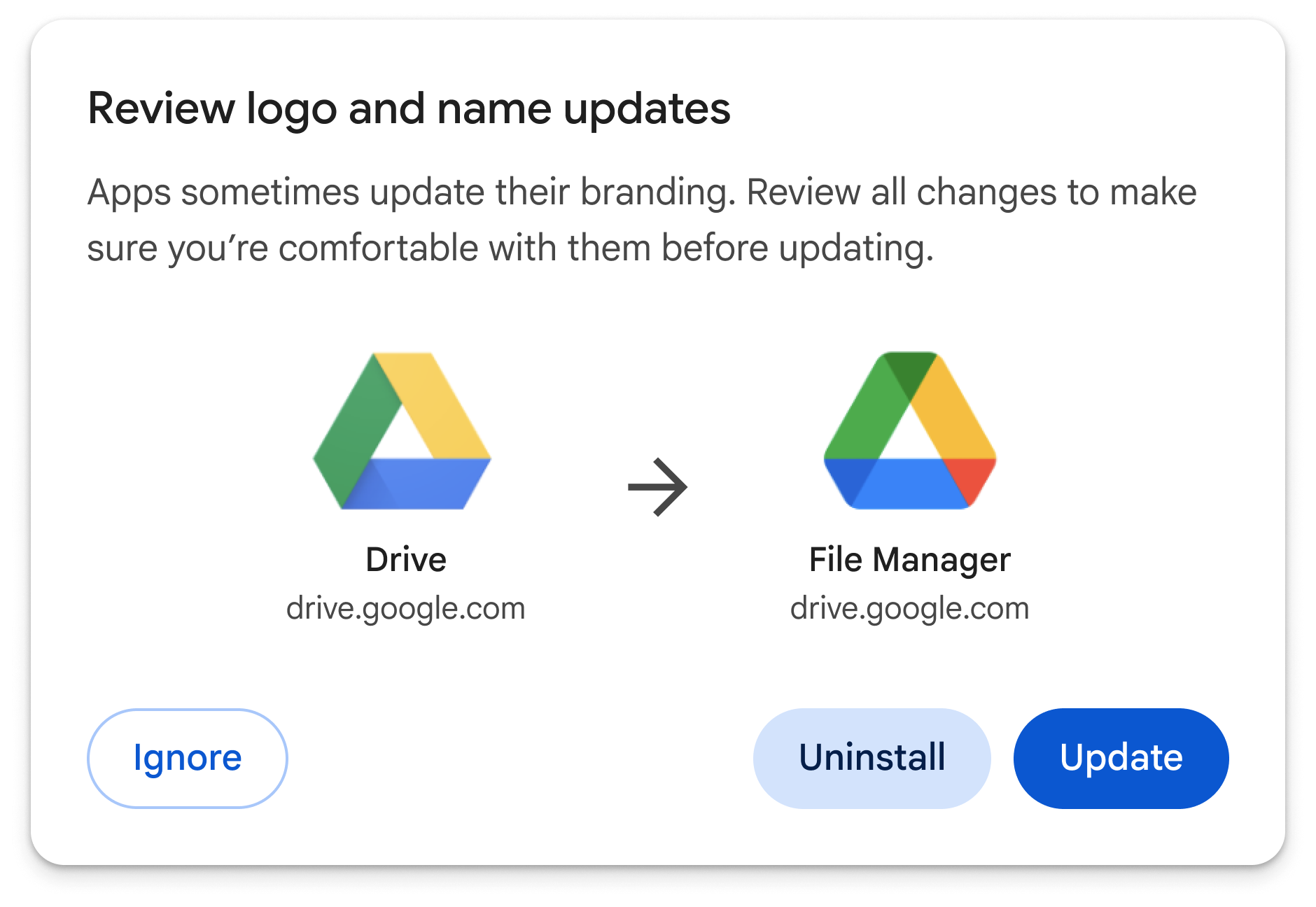 The desktop dialog asking that the user review icon and name updates.