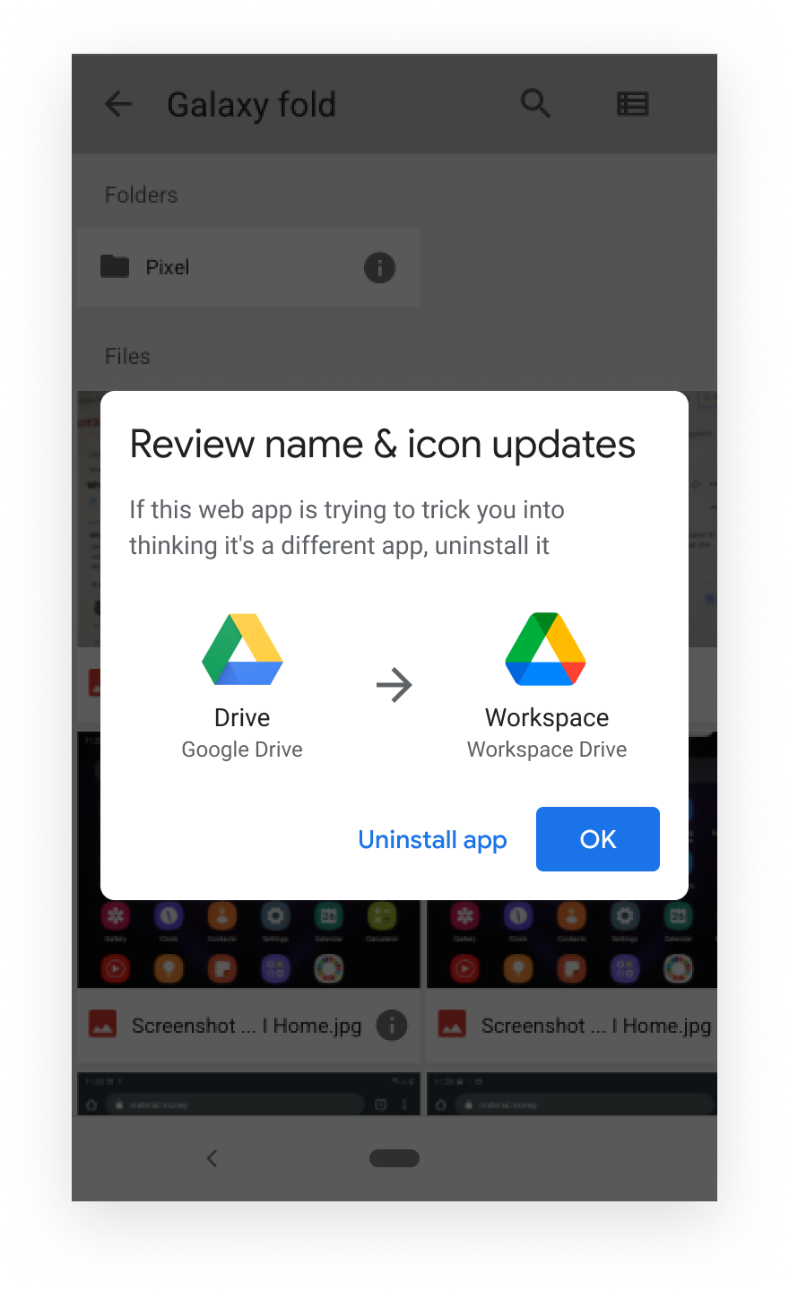 A mobile alert showing the change to the icon, and a message warning the user with buttons to OK the change or uninstall the app.