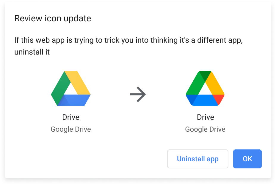 Um alerta mostrando a mudança no ícone e uma mensagem avisando o usuário com botões para confirmar a mudança ou desinstalar o app.