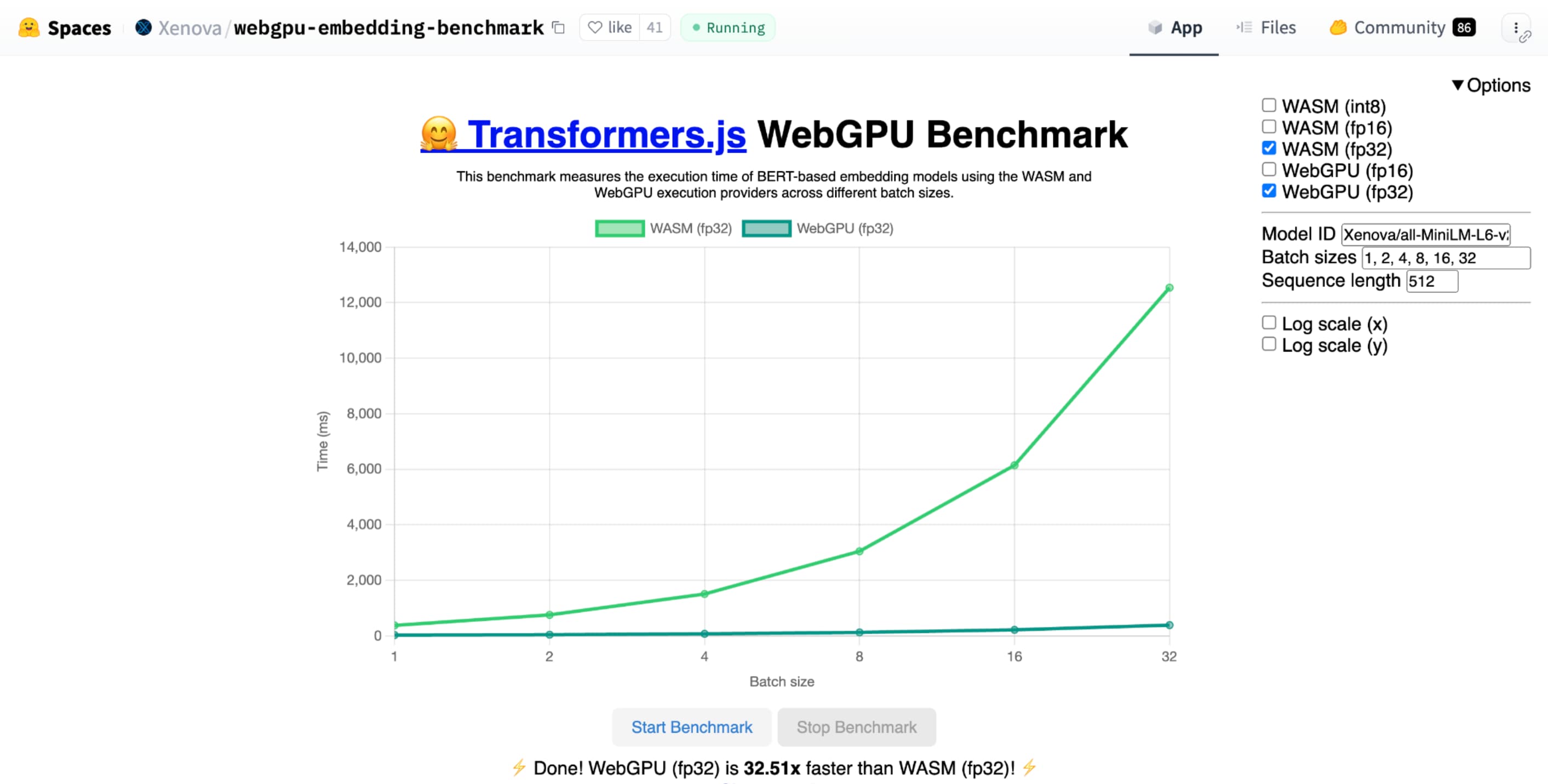 Screenshot of WebGPU benchmark for text embedding
