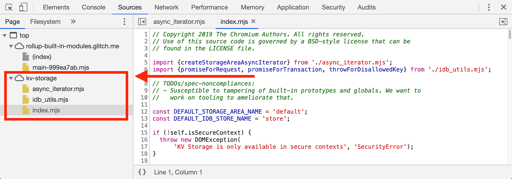 A fonte do módulo KV Storage no Chrome DevTools