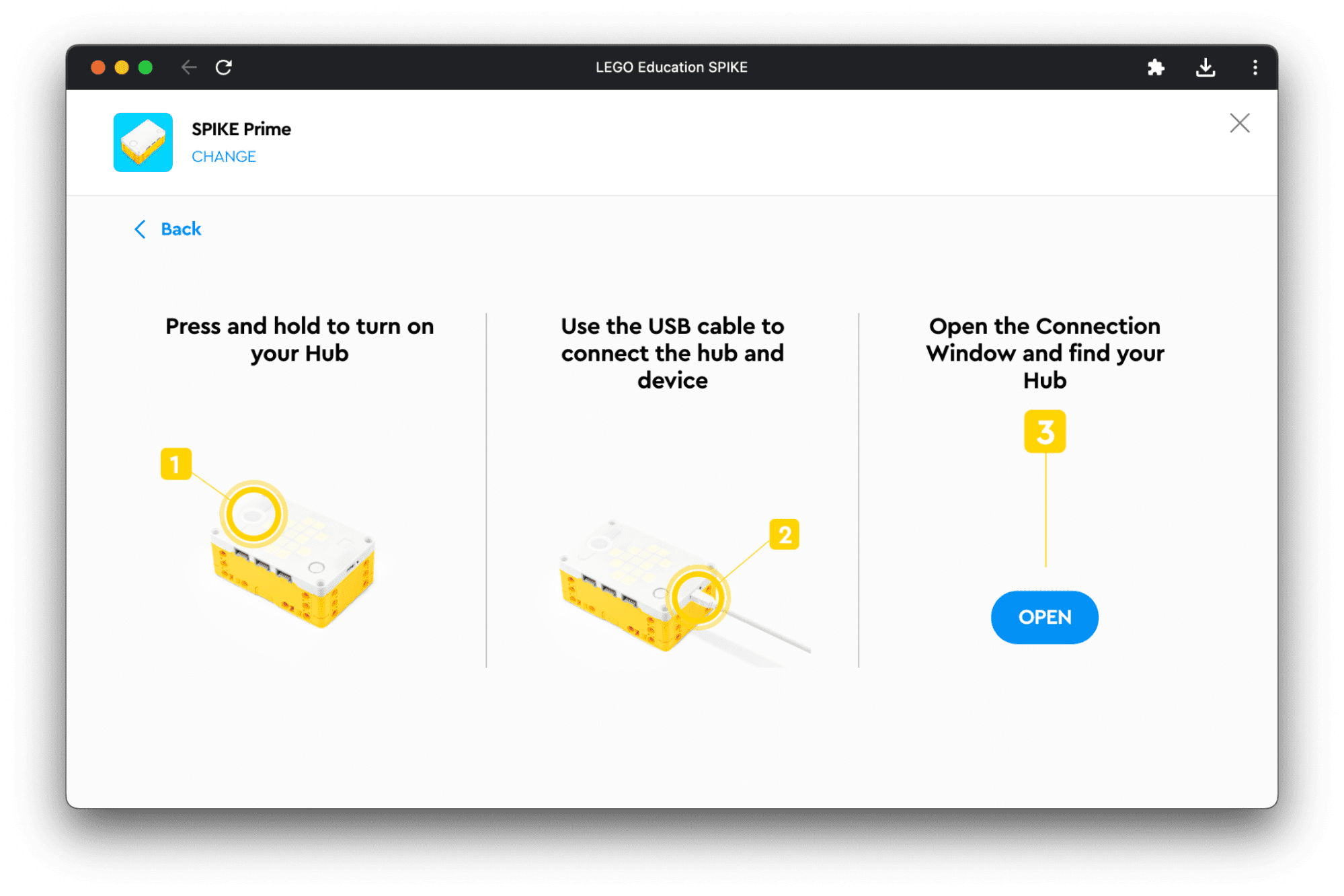 Aplikacja LEGO Education SPIKE z instrukcjami podłączania przez USB.