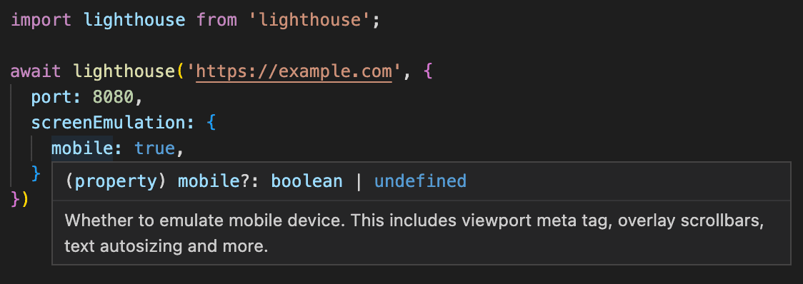 A Node script importing Lighthouse as a function, demonstrating that the options object passed into the function is now type checked by TypeScript