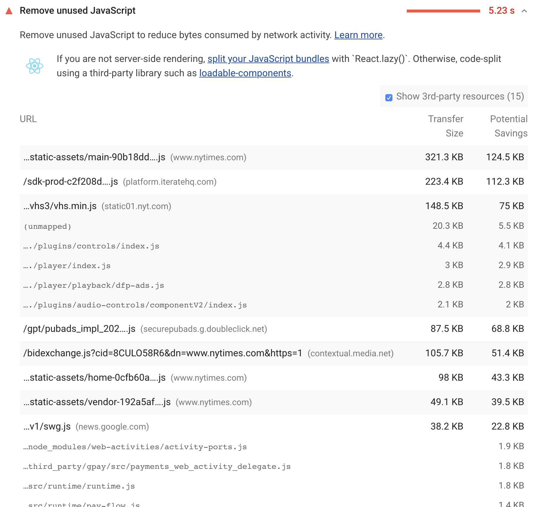 소스 맵의 모듈을 보여주는 사용되지 않는 JavaScript