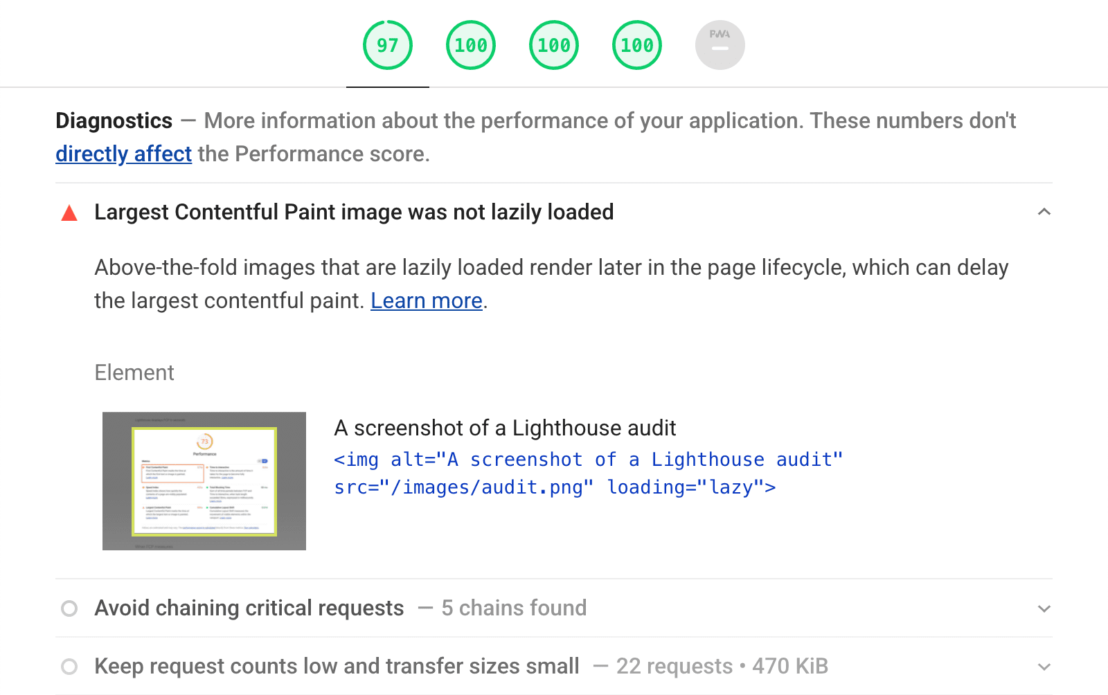 Die Lazy-Loading-LCP-Prüfung in einem Lighthouse-Bericht