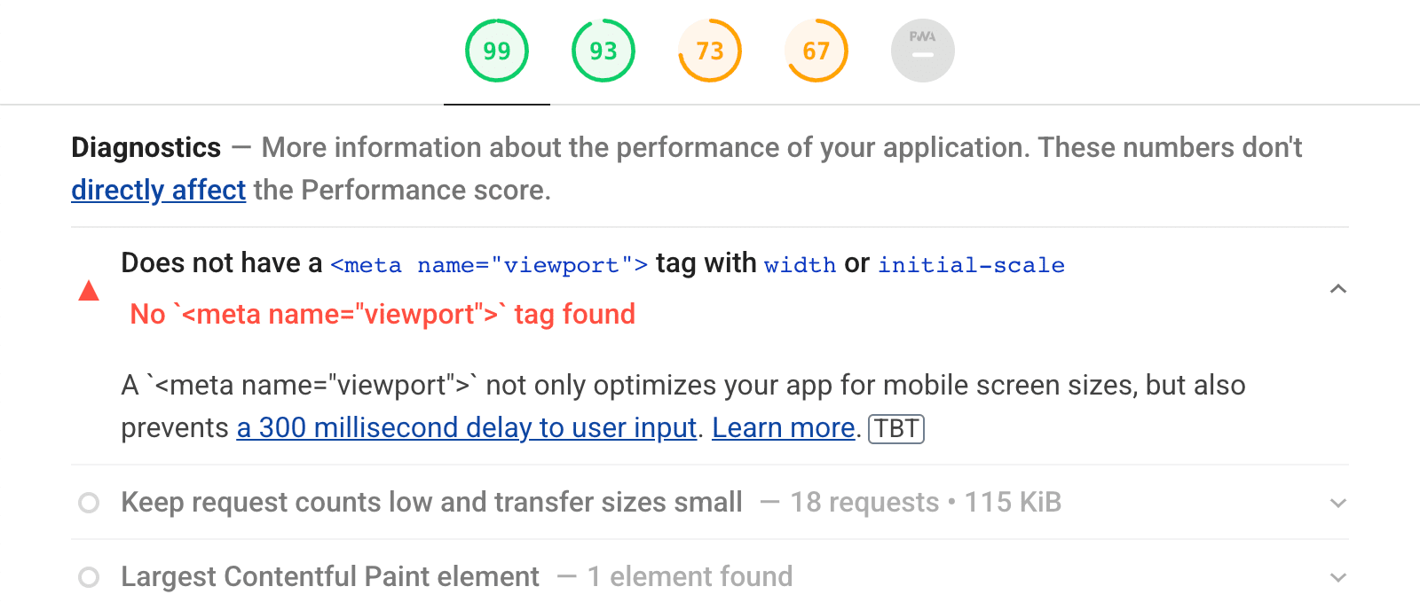 A auditoria de viewport para dispositivos móveis em um relatório do Lighthouse