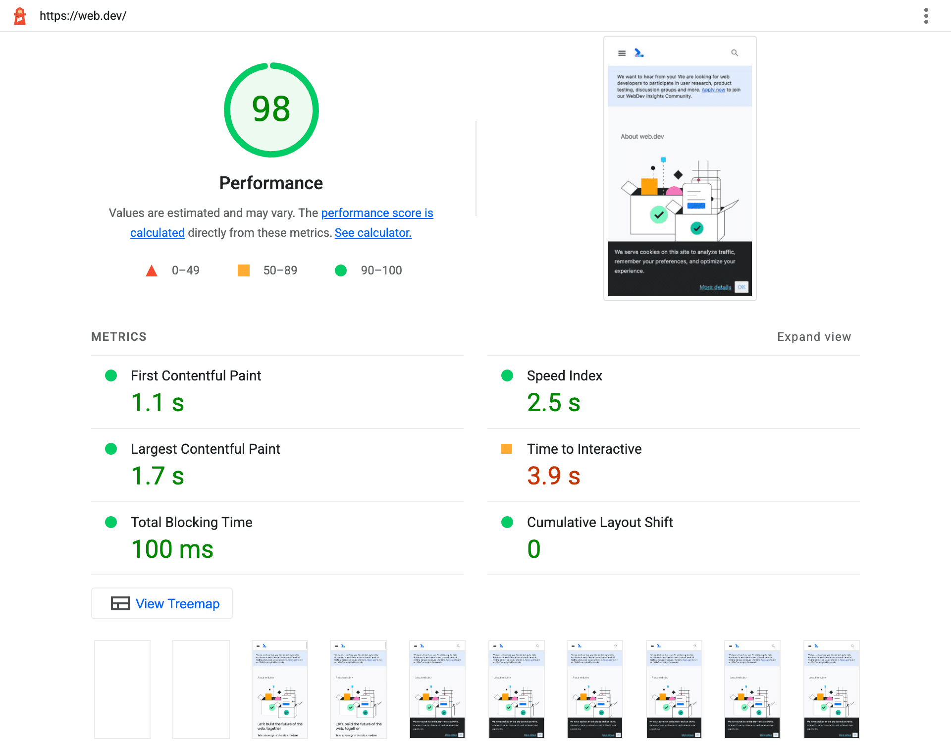 Um relatório do Lighthouse 9.0 que lista as principais métricas de performance com mais destaque e incorpora uma captura de tela da aparência final da página.