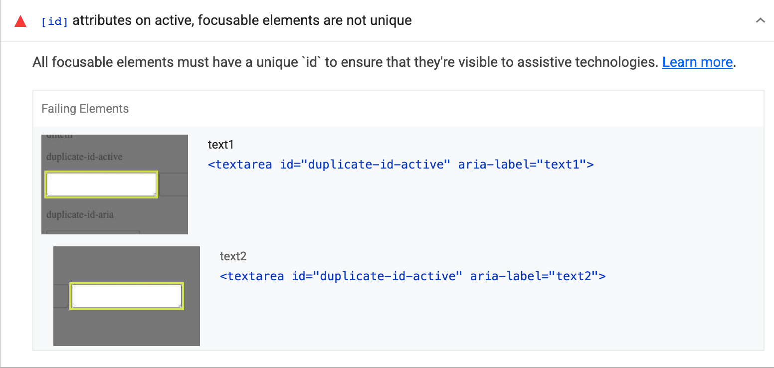 A Lighthouse audit for 'All focusable elements must have a unique `id`', showing two elements, both with the same `id`