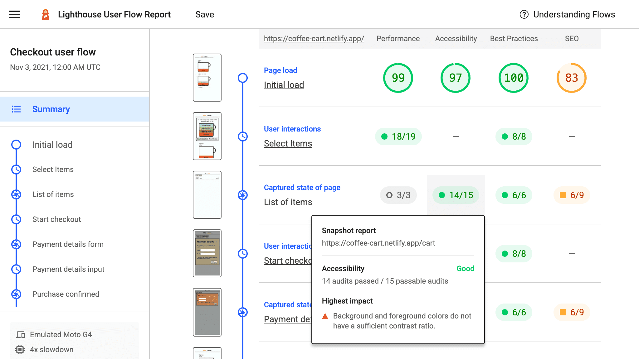 Um relatório de fluxo do usuário do Lighthouse, que inclui várias etapas de carregamento e interação com um site, e resultados de auditoria do Lighthouse para cada etapa