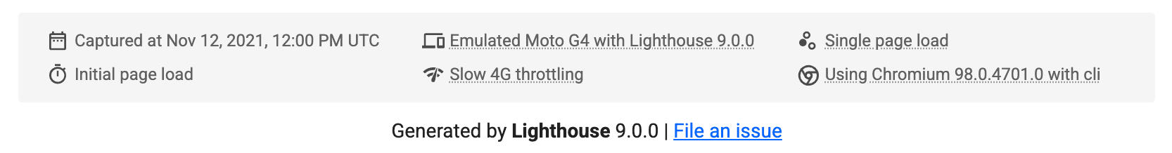 ส่วนการตั้งค่าที่อัปเดตของรายงาน Lighthouse ซึ่งตอนนี้มีข้อมูลสรุปสำหรับรายการต่างๆ เช่น เวลาที่มีการจับภาพหน้าเว็บ ประเภทการจําลองหน้าเว็บที่ใช้ และเวอร์ชันของ Chrome ที่ทําการทดสอบ