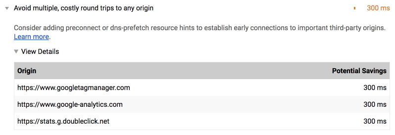 rel=preconnectin Lighthouse에 권장되는 출처 목록입니다.