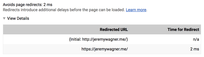 A list of page redirects in Lighthouse.