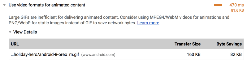 Recommandation de convertir un GIF en vidéo dans Lighthouse.