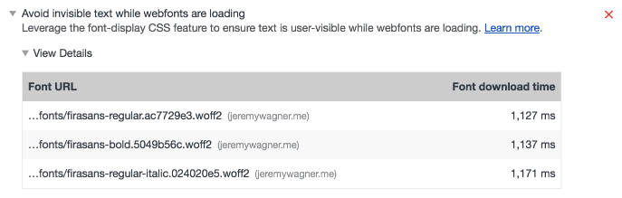 Lighthouse fournit des recommandations pour améliorer le rendu des polices.