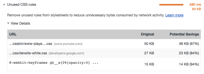 Lighthouse mostrando uma lista de recursos CSS
contendo regras CSS não usadas.