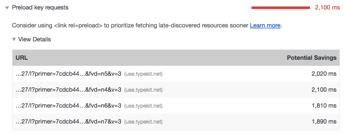 The Preload Key Requests Lighthouse audit
recommending a list of resources to consider preloading.