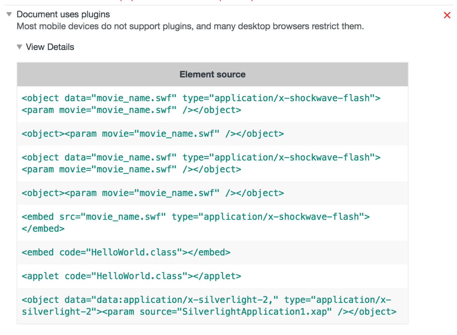 The Avoid Plugins audit.