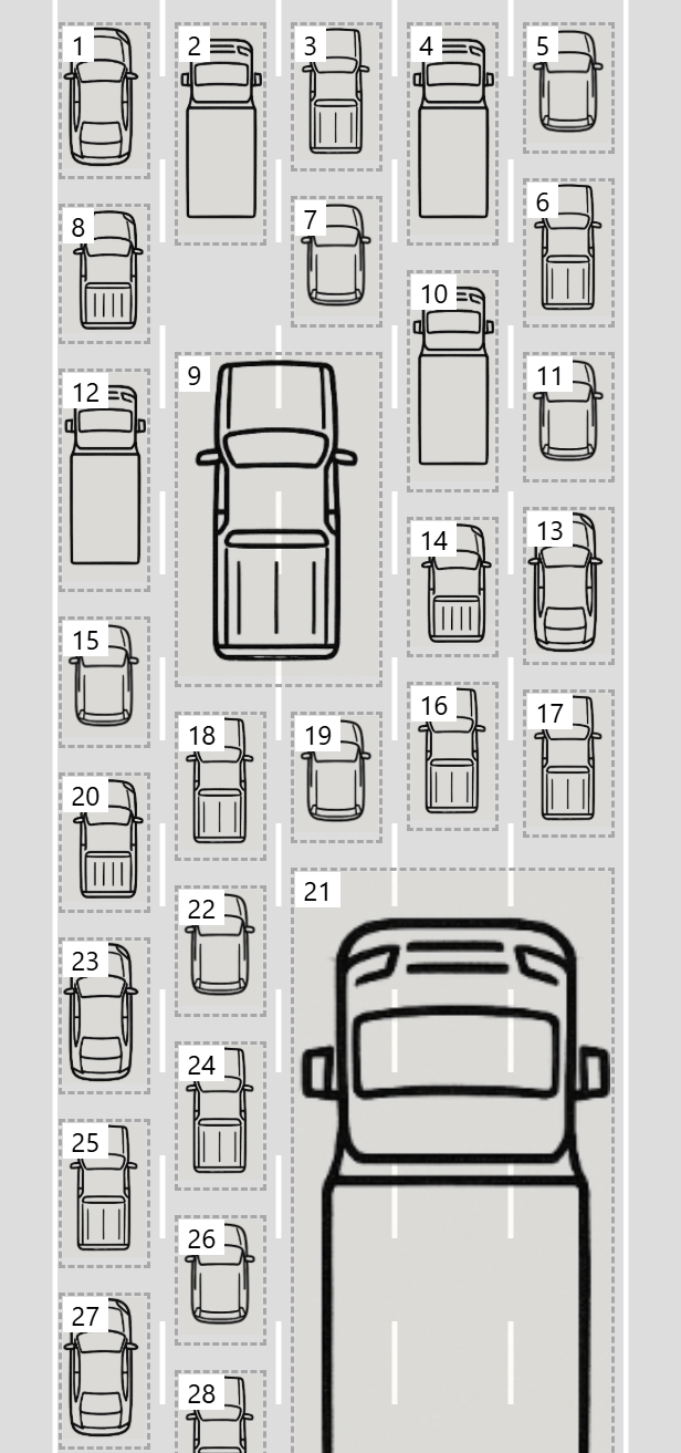 車両の画像。今回は大型車両が 2 列にまたがっています。