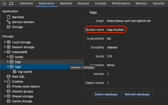 Chrome DevTools, IndexedDB सेक्शन की जांच कर रहा है. दो लॉग डेटाबेस होते हैं, स्टोरेज बकेट का नाम 