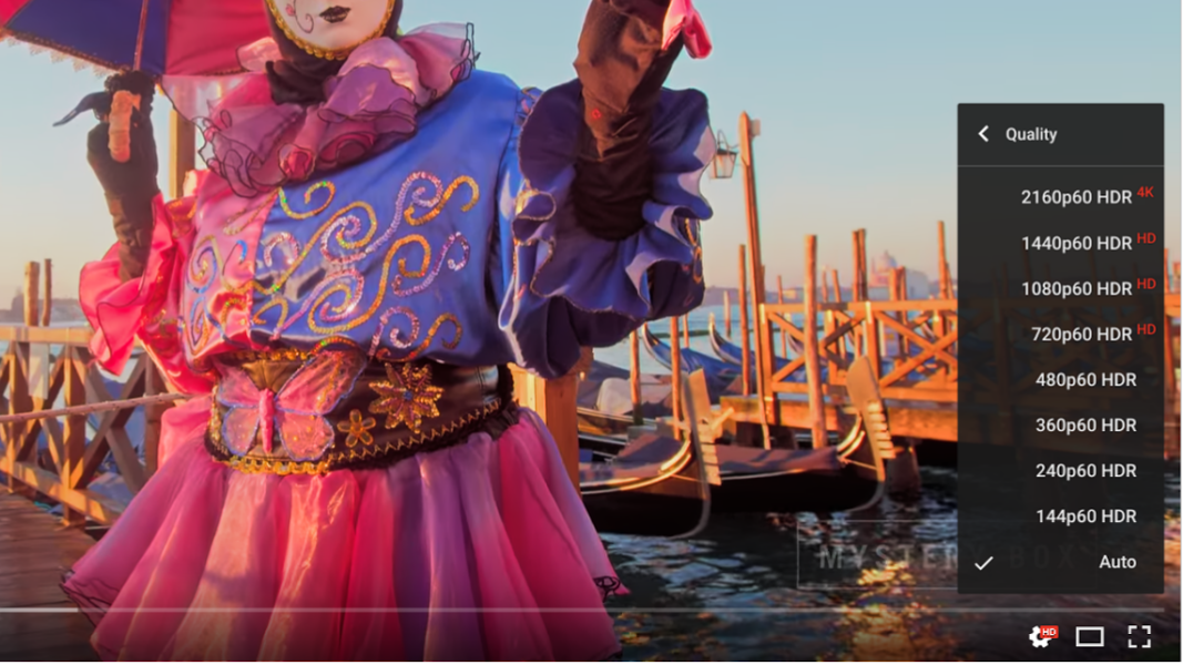 Impostazione della qualità del video player di YouTube con HDR