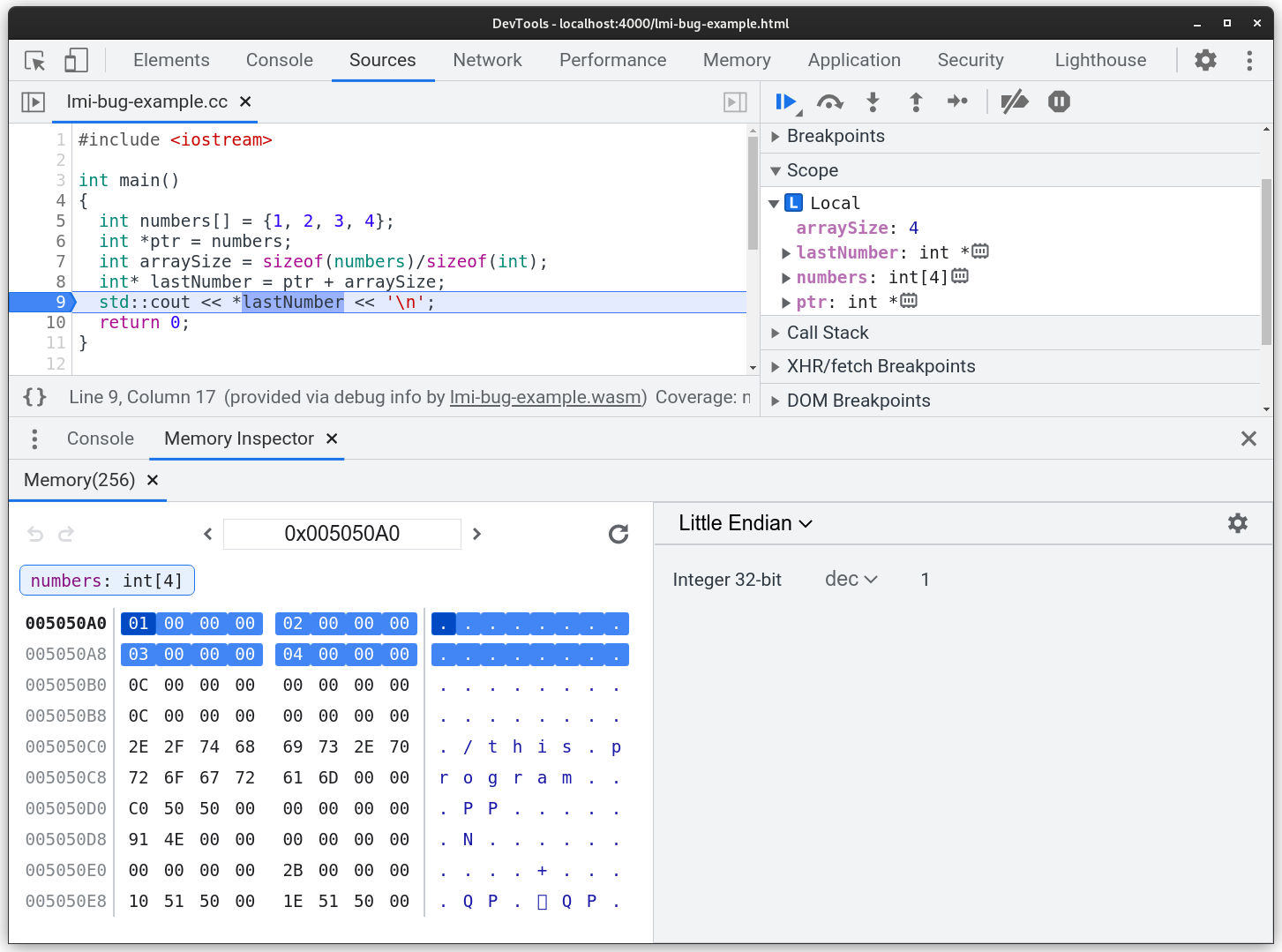 Screenshot pemeriksa memori yang terbuka dengan array int32 yang diperiksa. Semua elemen array disorot.