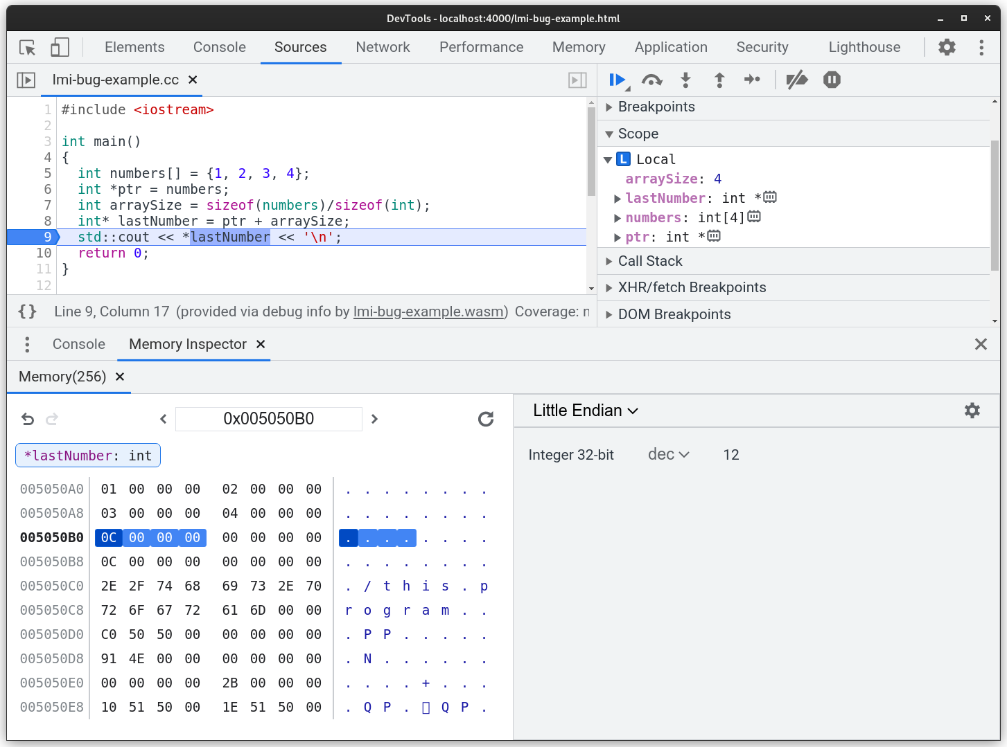 「lastNumber」という名前のポインタが指すメモリがハイライト表示されている、開かれたメモリ インスペクタのスクリーンショット。ハイライト表示されたメモリは、以前にハイライト表示された配列の最後のバイトの直後にあります。