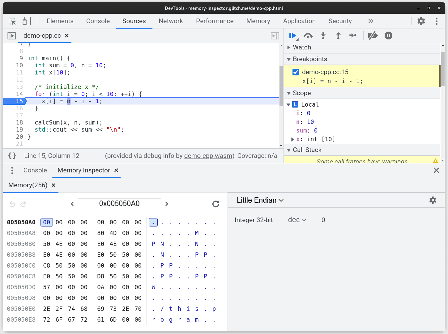 Screenshot des ursprünglichen Memory Inspector mit einem einzelnen hervorgehobenen Byte