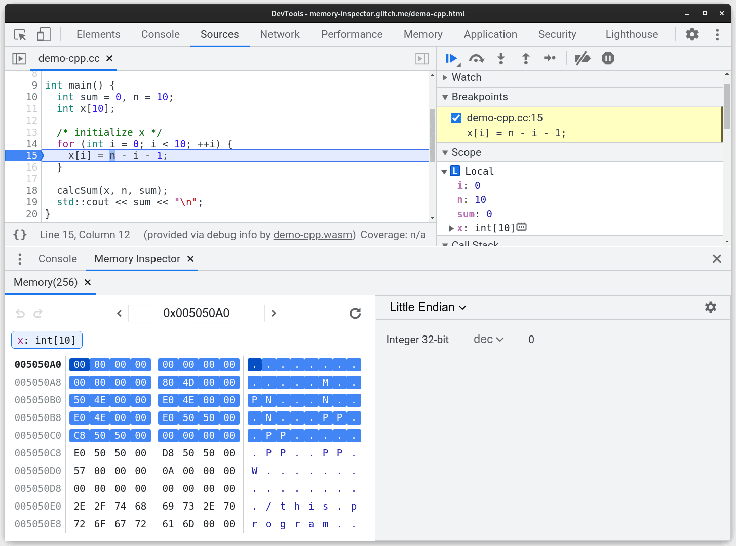 Captura de tela do inspetor de memória atualizado com uma matriz em destaque